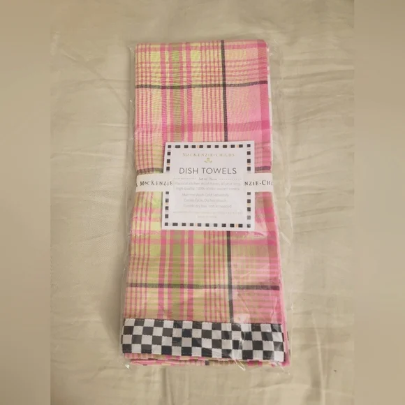 NWT Mackenzie-Childs Dish Towels | Set of Three | Pink and Green - Picture 3 of 5